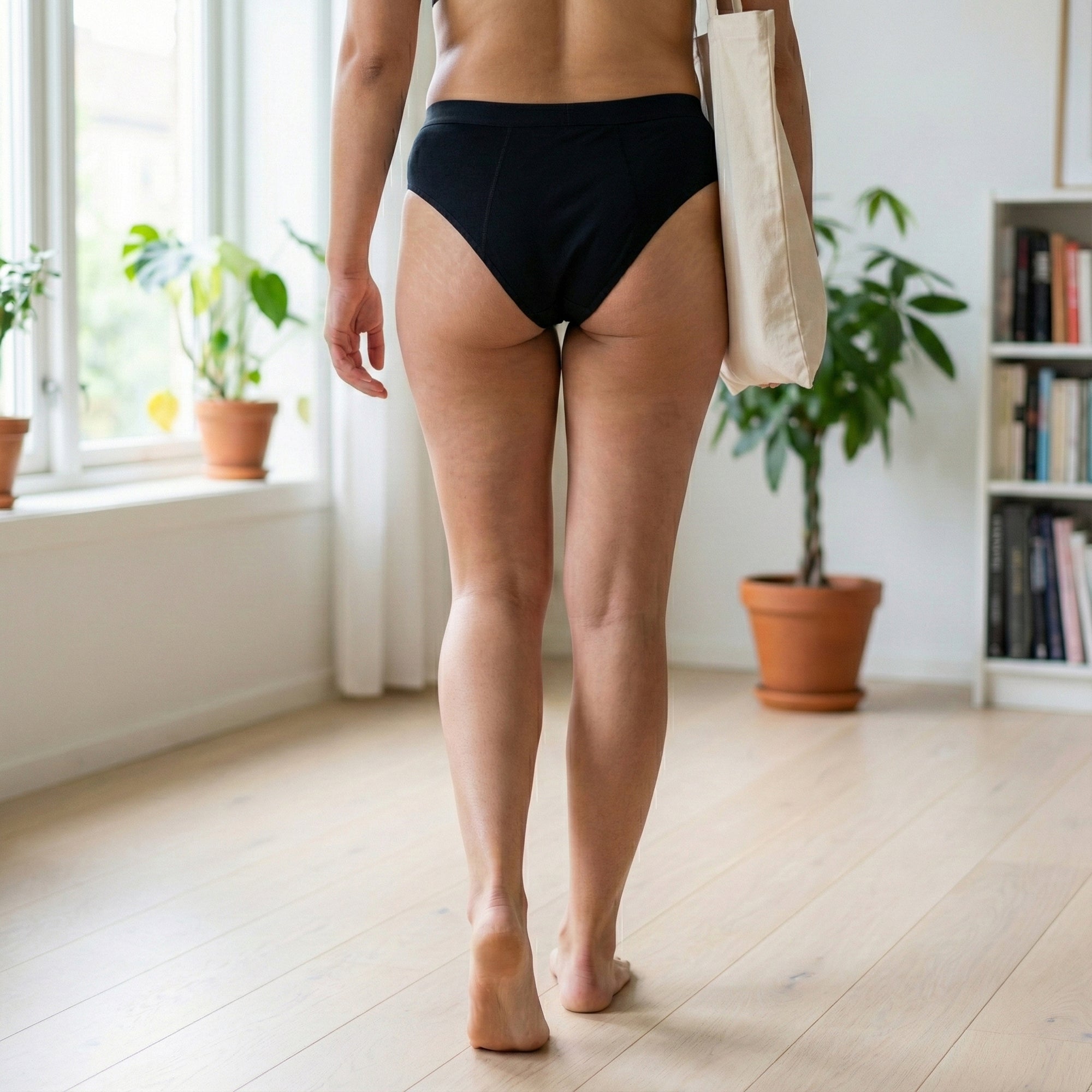 Rückansicht eines Models in der schwarzen Floena Leakproof Everyday Bamboo Bikini, Periodenunterwäsche aus Bambus, das mit einer Tasche durch einen hellen Raum mit Pflanzen und Bücherregal geht