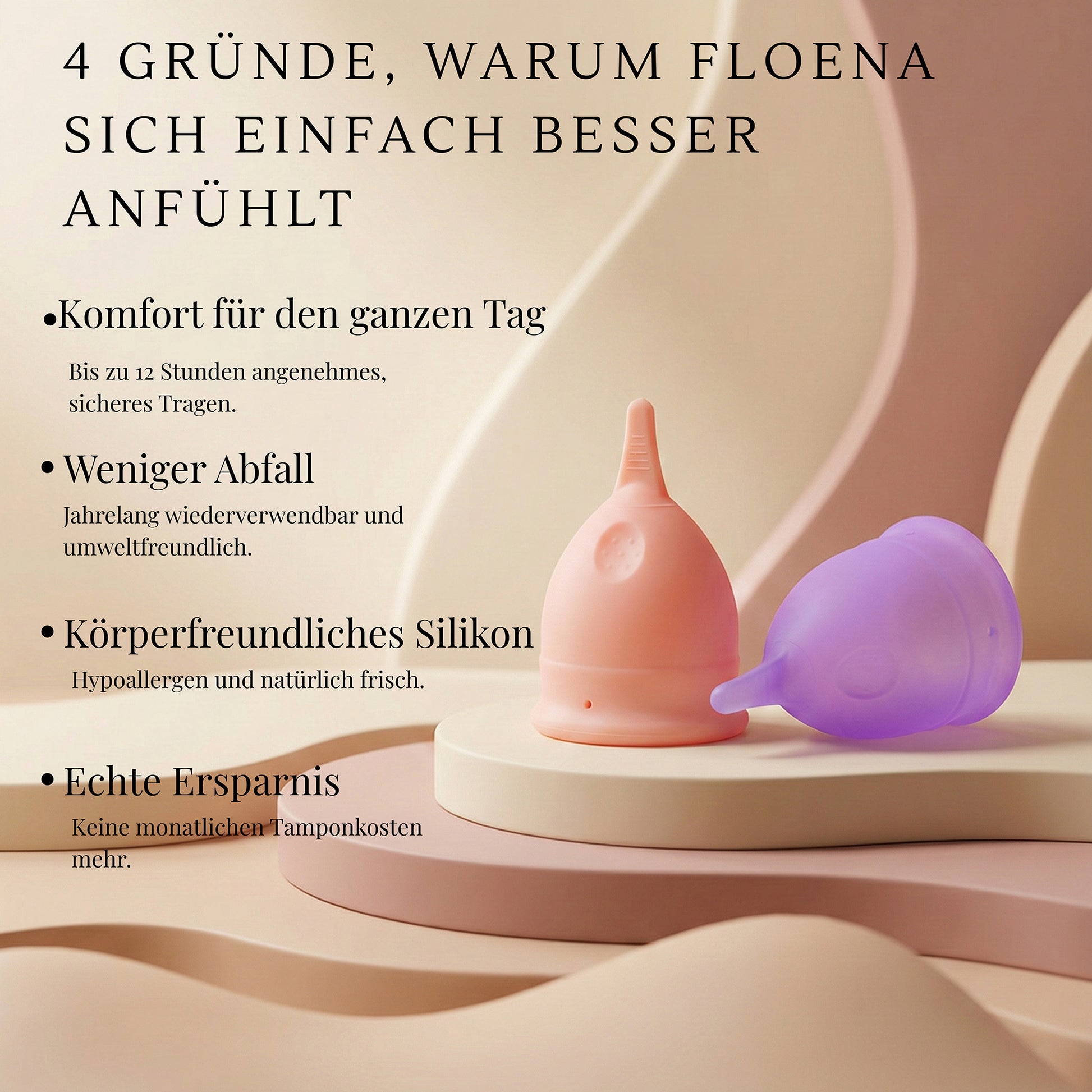 Floena Flexi Menstrual Cup — rosa und lila Menstruationstassen mit Text zu bis zu 12 Stunden Komfort, weniger Abfall, hypoallergenem Silikon und echter Ersparnis