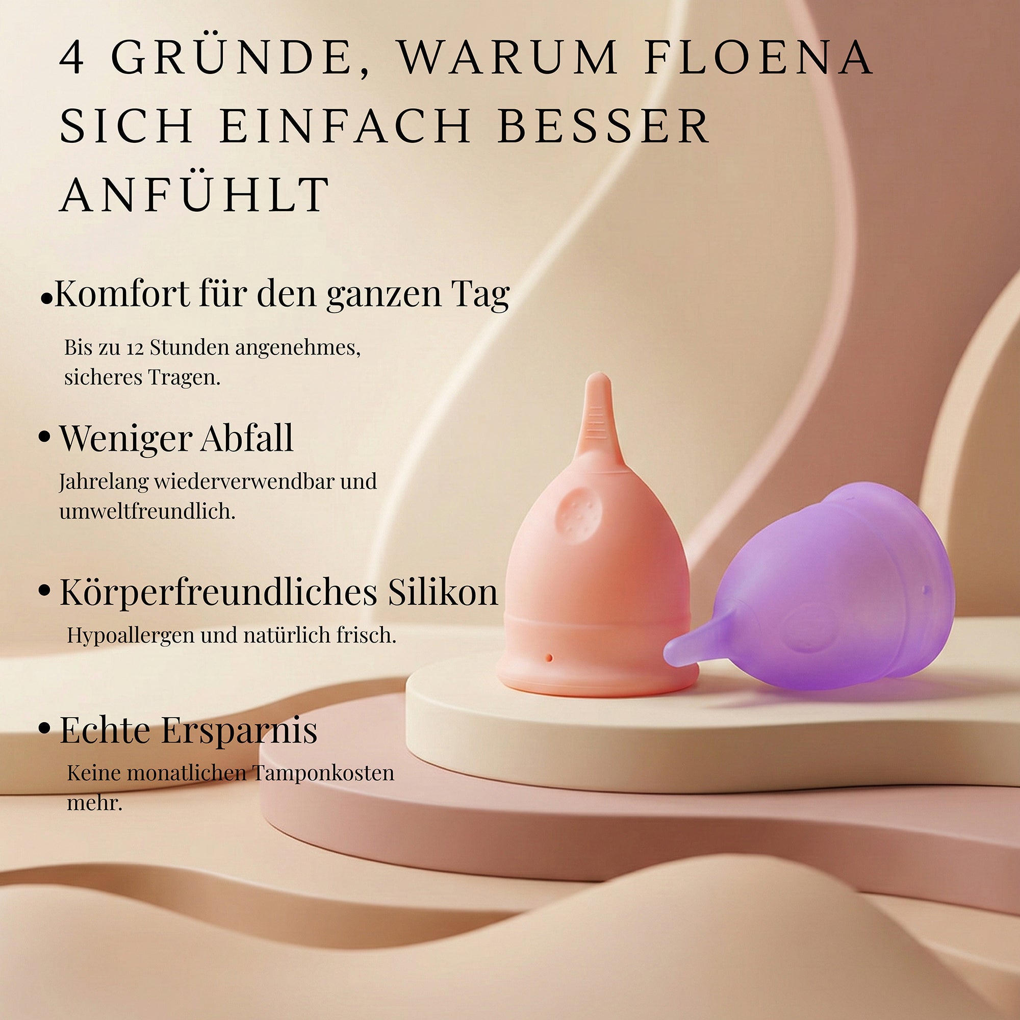 Floena Flexi Menstrual Cup — rosa und lila Menstruationstassen mit Text zu bis zu 12 Stunden Komfort, weniger Abfall, hypoallergenem Silikon und echter Ersparnis