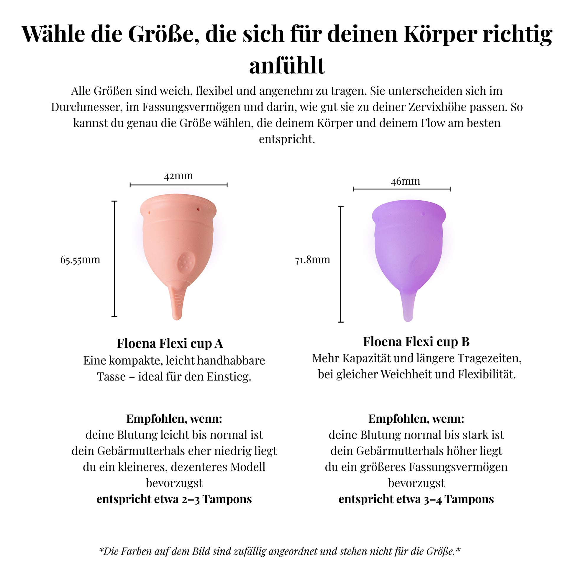Vergleich der Floena Flexi Menstruationstassen — Tasse A (kleiner, für leichte bis normale Blutung und niedrigen Gebärmutterhals) und Tasse B (größer, für normale bis starke Blutung und hohen Gebärmutterhals), mit Abmessungen