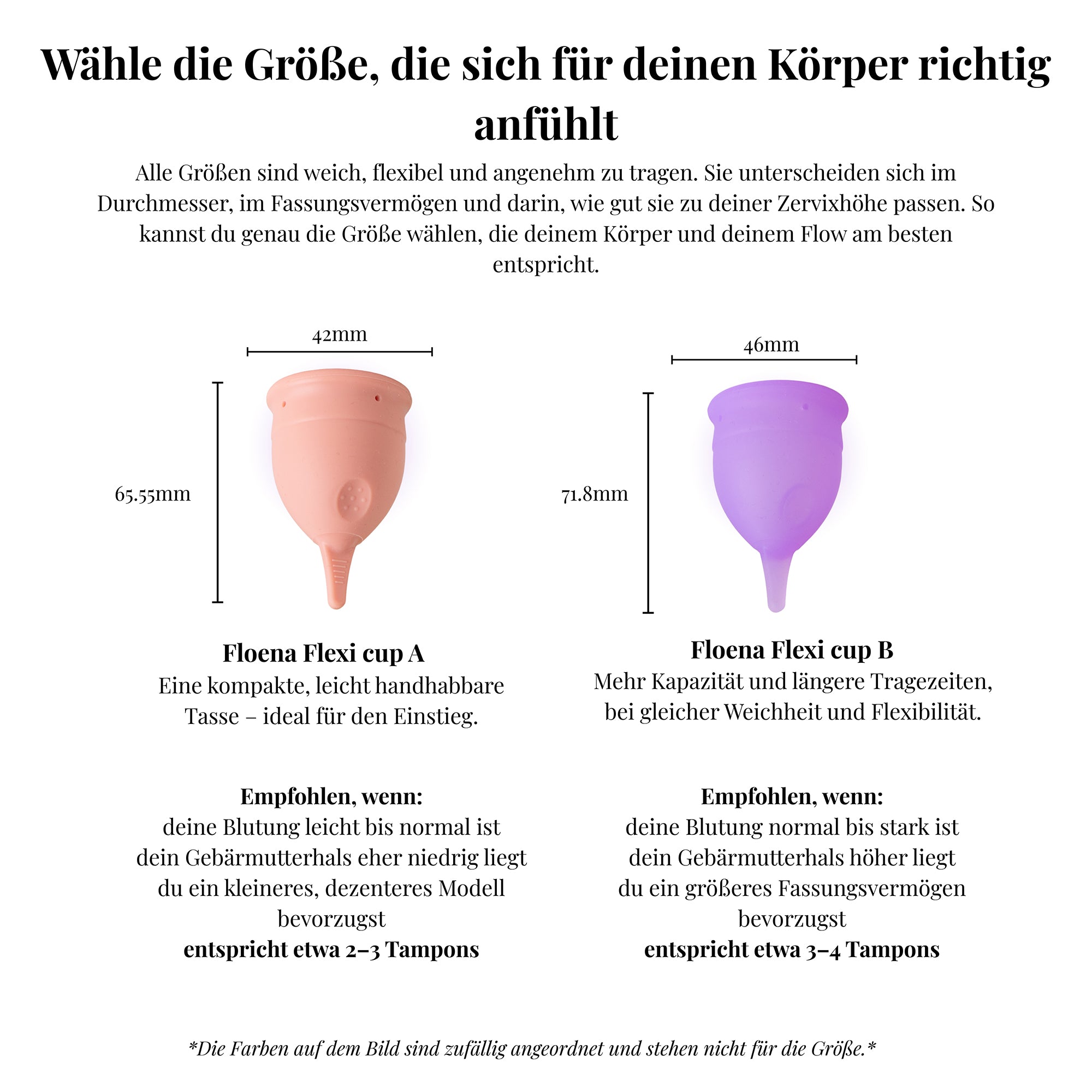 Vergleich der Floena Flexi Menstruationstassen — Tasse A (kleiner, für leichte bis normale Blutung und niedrigen Gebärmutterhals) und Tasse B (größer, für normale bis starke Blutung und hohen Gebärmutterhals), mit Abmessungen