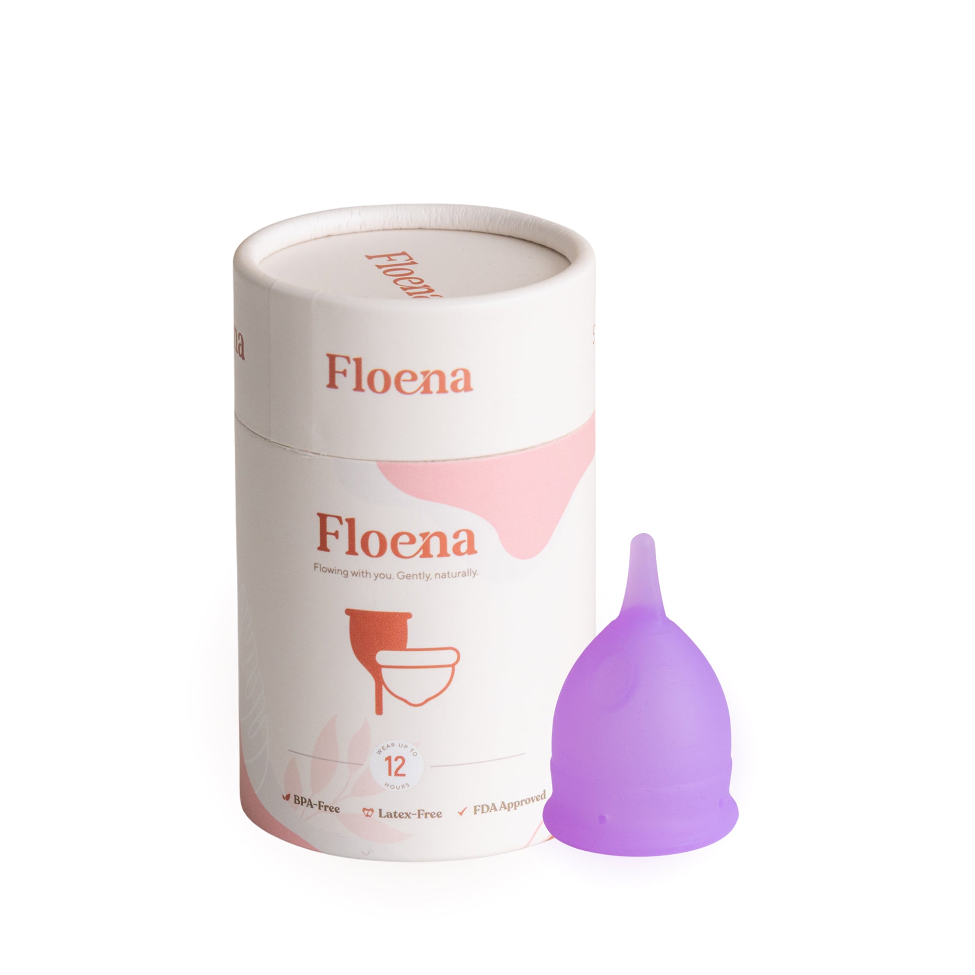 Floena Flexi Menstrual Cup — lila Menstruationstasse aus weichem medizinischem Silikon, bequemer auslaufsicherer Schutz für bis zu 12 Stunden
