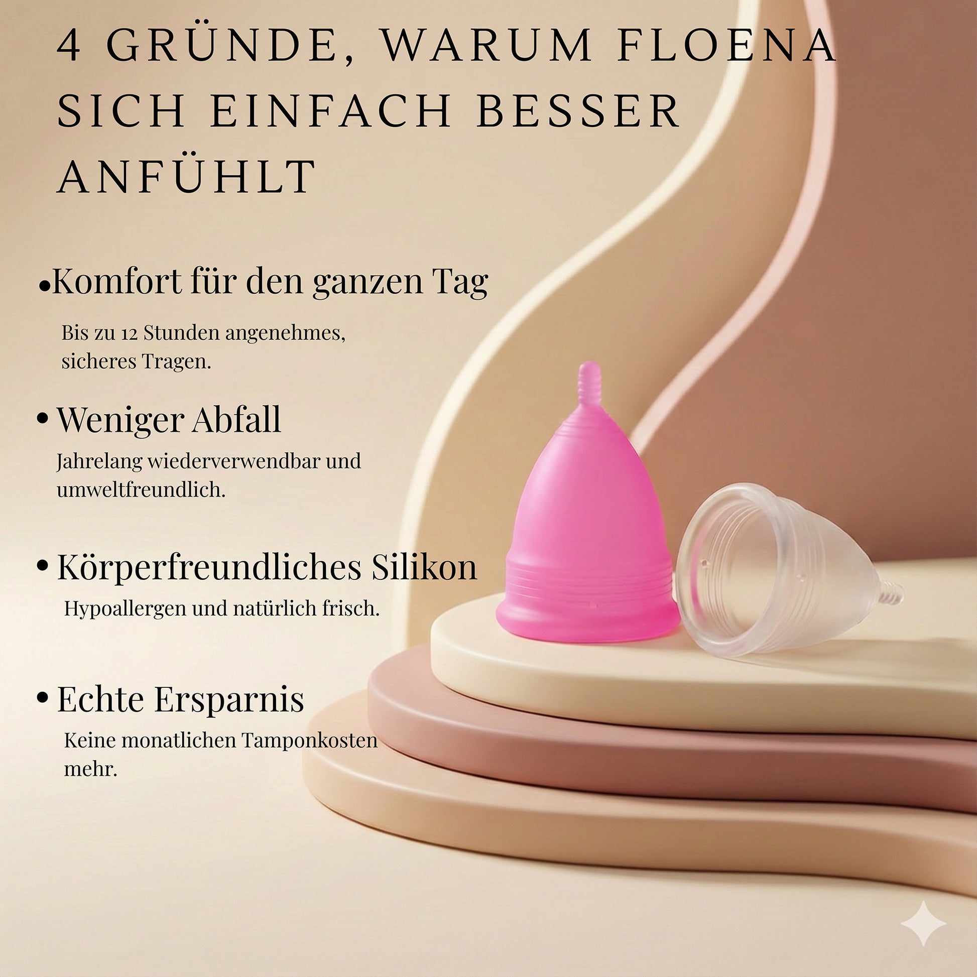 Floena Menstrual Cup — rosa und transparente Menstruationstassen mit Text zu ganztägigem Komfort, weniger Abfall, hautfreundlichem Silikon und echter Ersparnis gegenüber Tampons