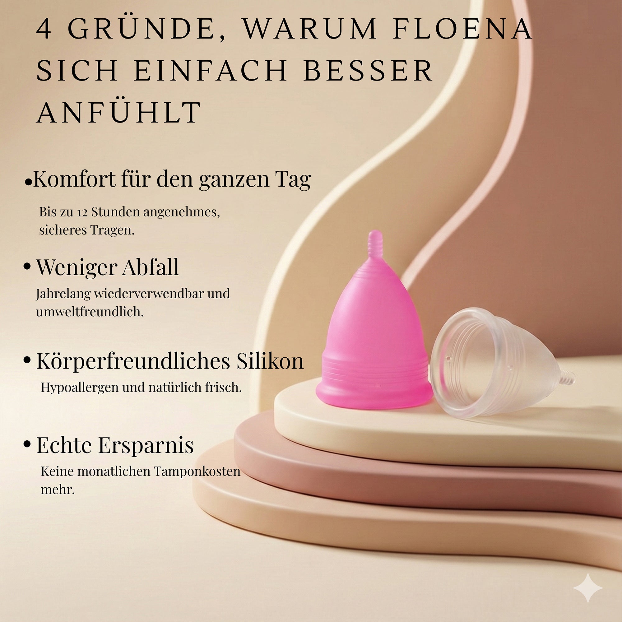 Floena Menstrual Cup — rosa und transparente Menstruationstassen mit Text zu ganztägigem Komfort, weniger Abfall, hautfreundlichem Silikon und echter Ersparnis gegenüber Tampons