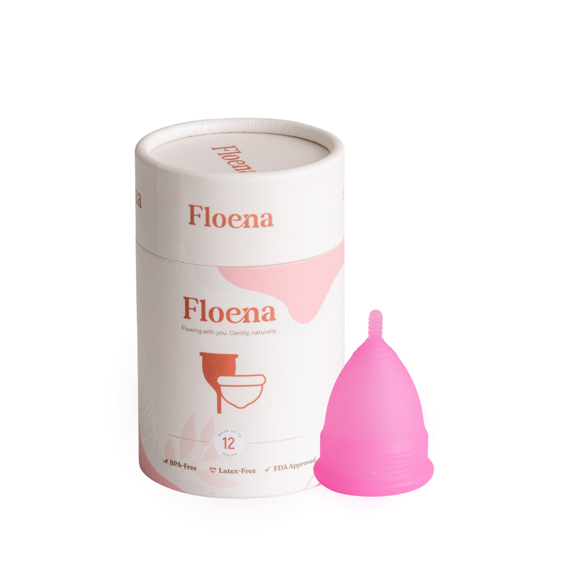 Floena Menstrual Cup — rosa Menstruationstasse aus weichem medizinischem Silikon mit Verpackung, 12-Stunden-Auslaufschutz