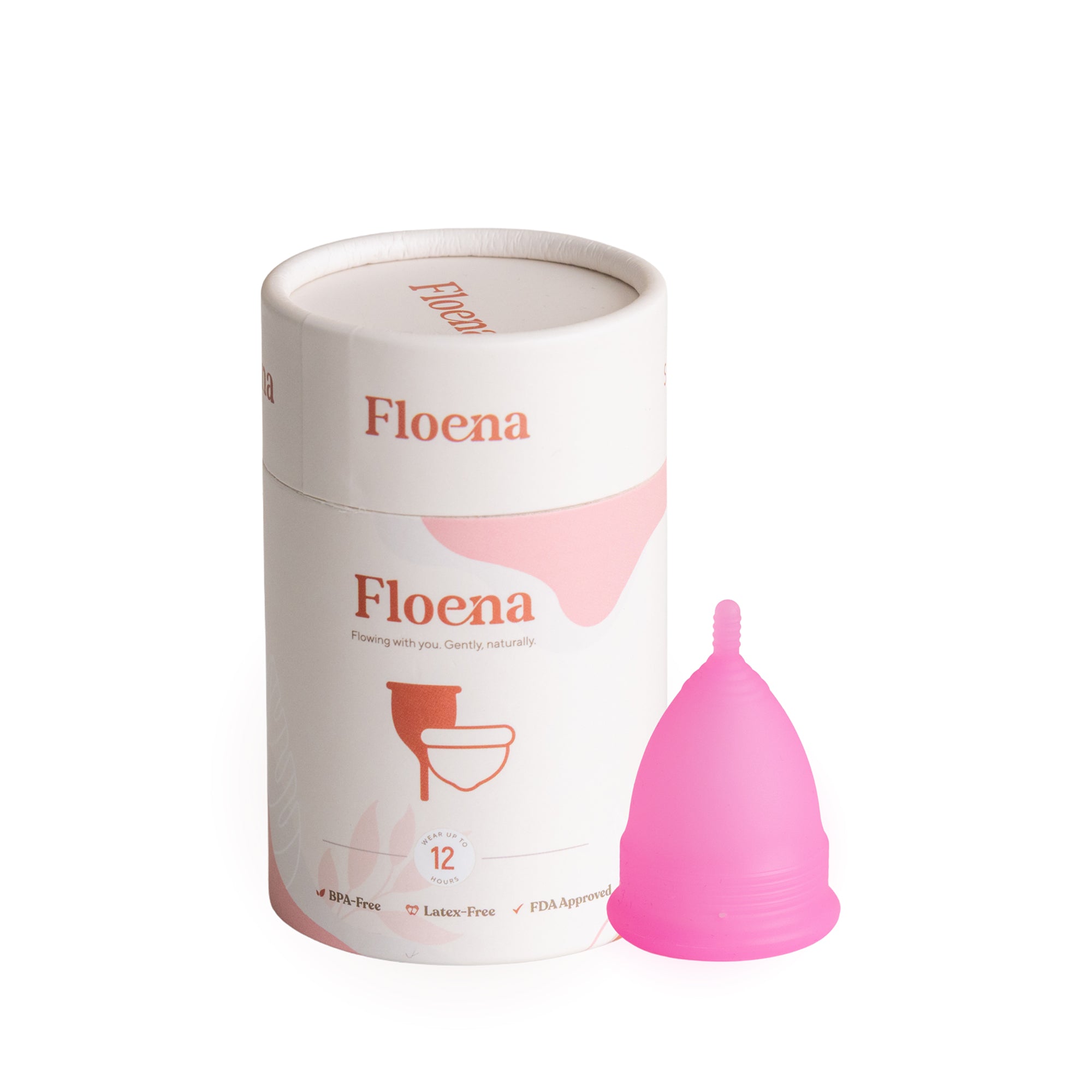Floena Menstrual Cup — rosa Menstruationstasse aus weichem medizinischem Silikon mit Verpackung, 12-Stunden-Auslaufschutz