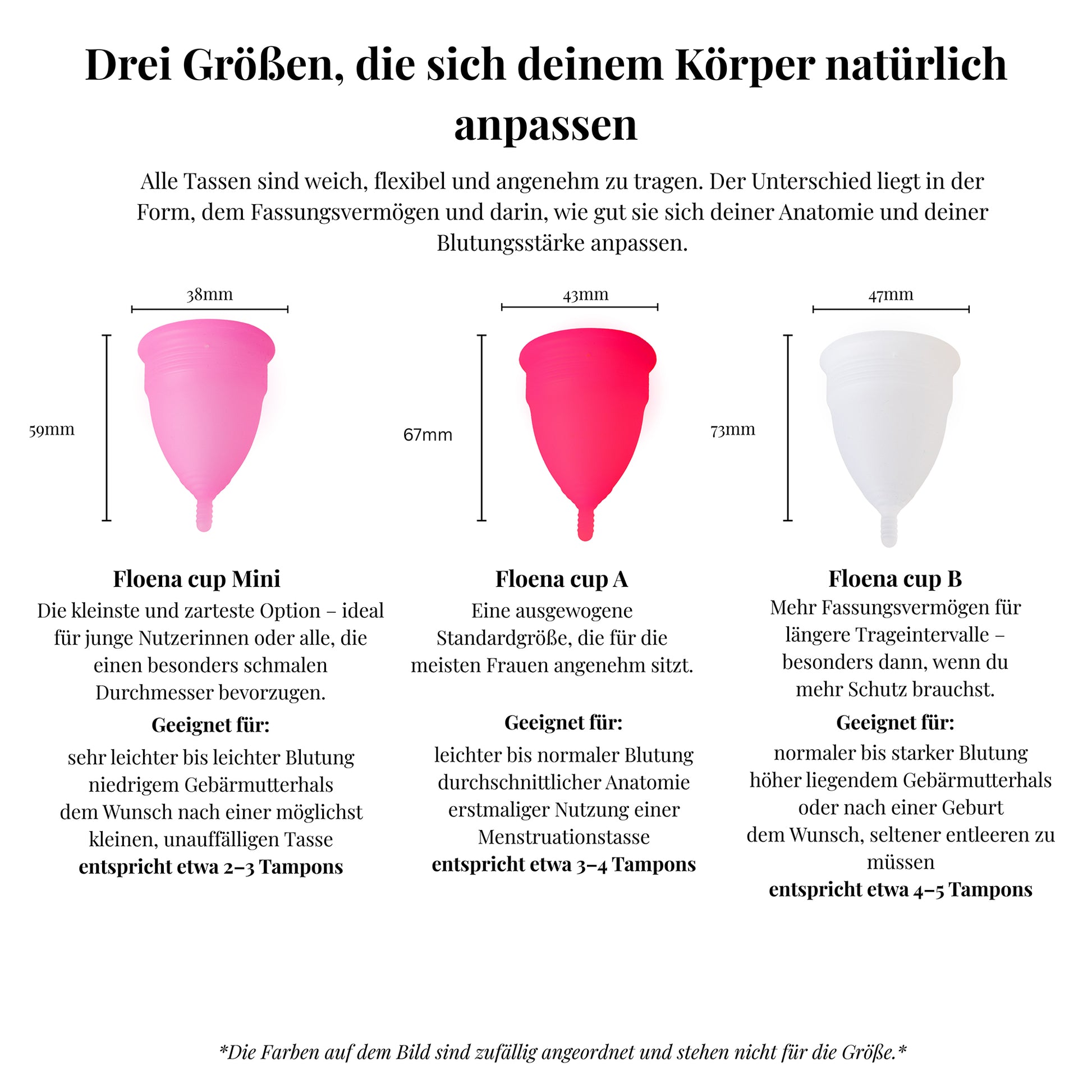 Floena Menstruationstassen in drei Größen — Mini für leichten Fluss, Cup A für eine vielseitige Passform und Cup B für stärkeren Fluss und längeres Tragen