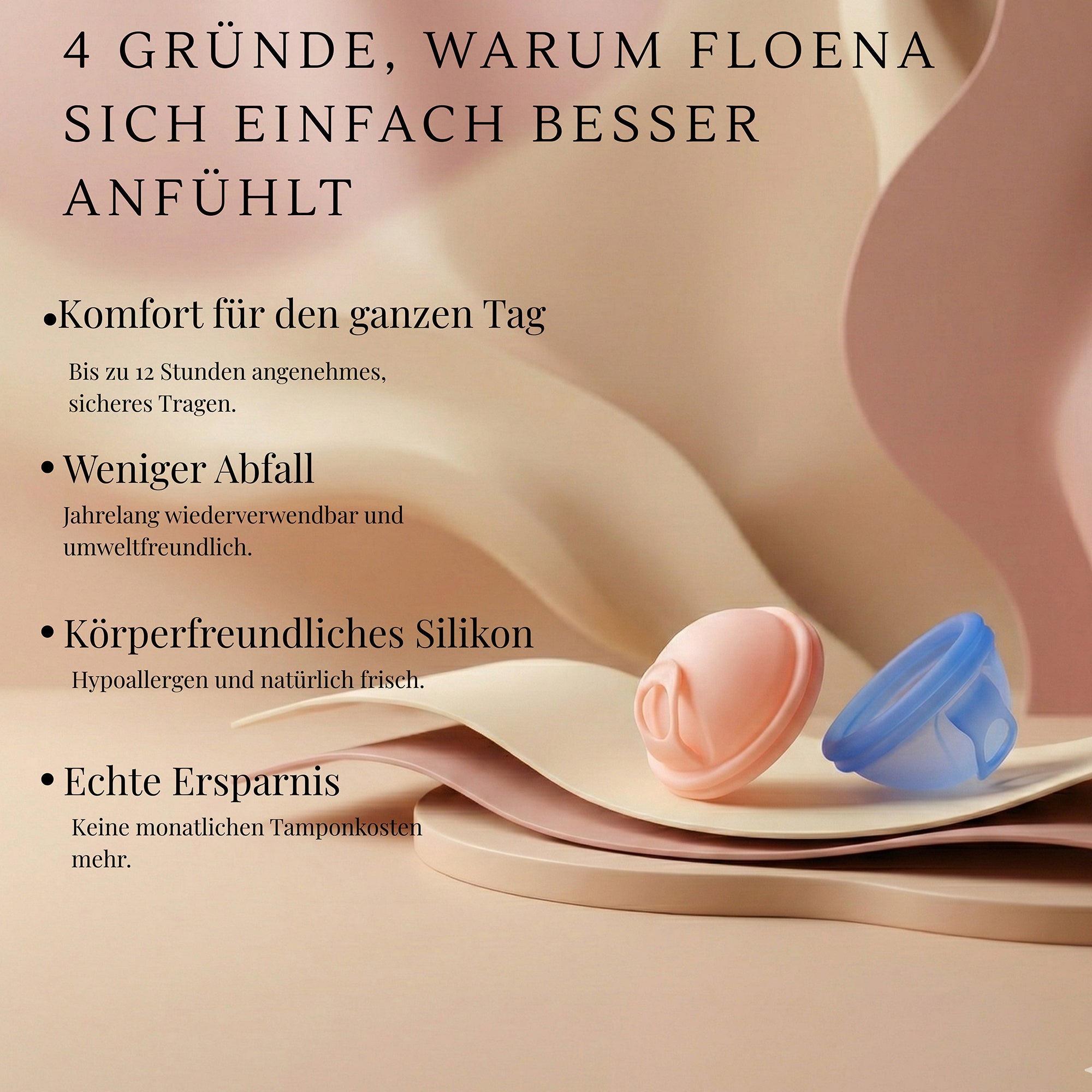 Floena Menstrual Disc — rosa und blaue Menstruationsscheiben aus hypoallergenem Silikon mit Text zu bis zu 12 Stunden bequemem, wiederverwendbarem und umweltfreundlichem Tragen