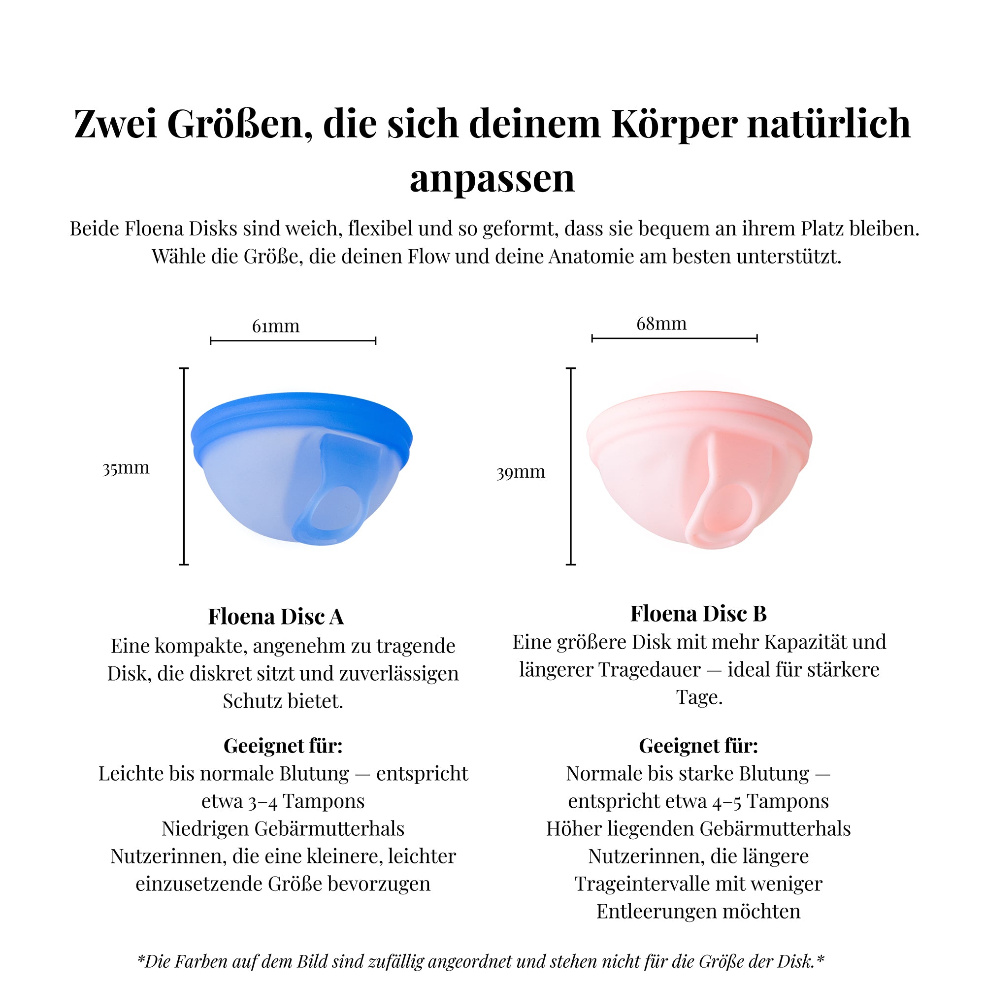 Vergleich zweier Floena Menstruationsscheiben: Scheibe A in Blau (61 mm breit, 35 mm tief) für leichte bis normale Blutung und Scheibe B in Rosa (68 mm breit, 39 mm tief) für normale bis starke Blutung