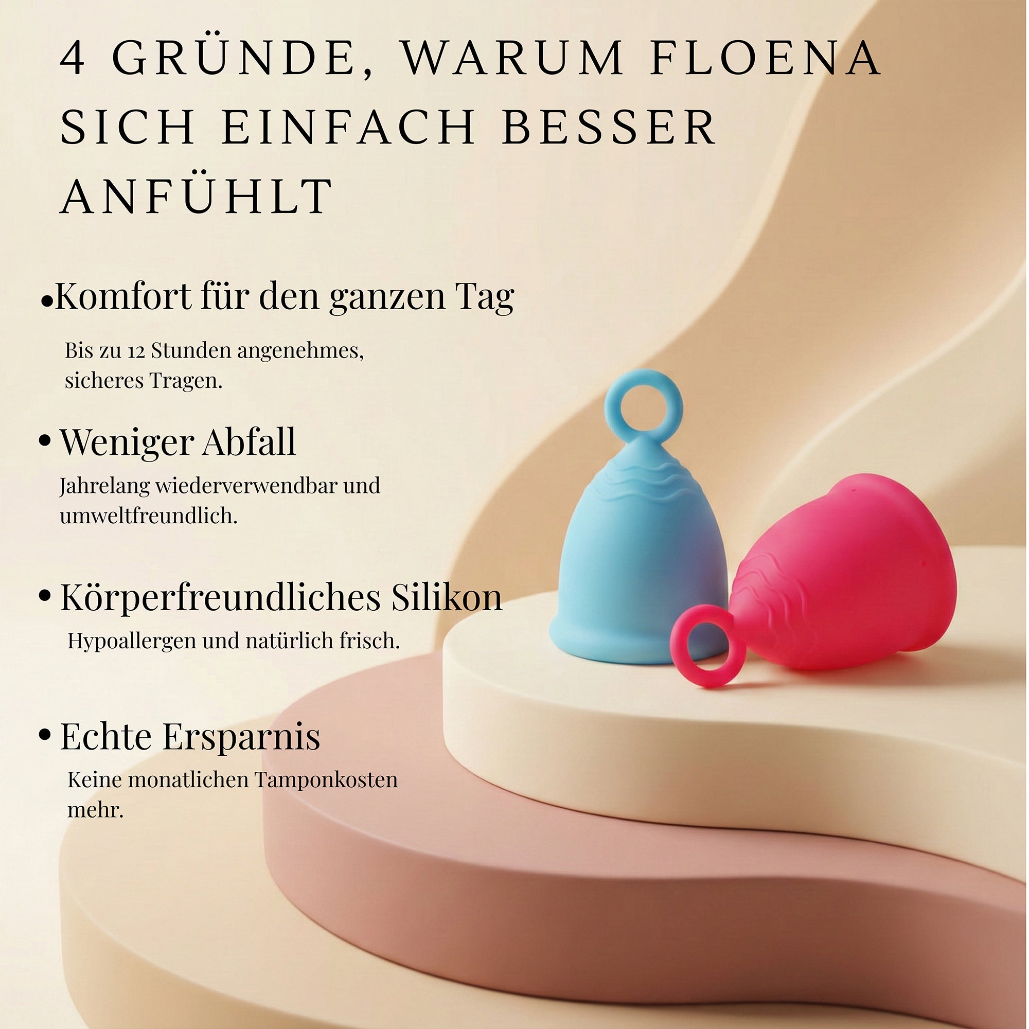 Floena Ring Cup — rosa und blaue Menstruationstassen mit Text zu ganztägigem Komfort, weniger Abfall, hautfreundlichem Silikon und echter Ersparnis gegenüber Tampons