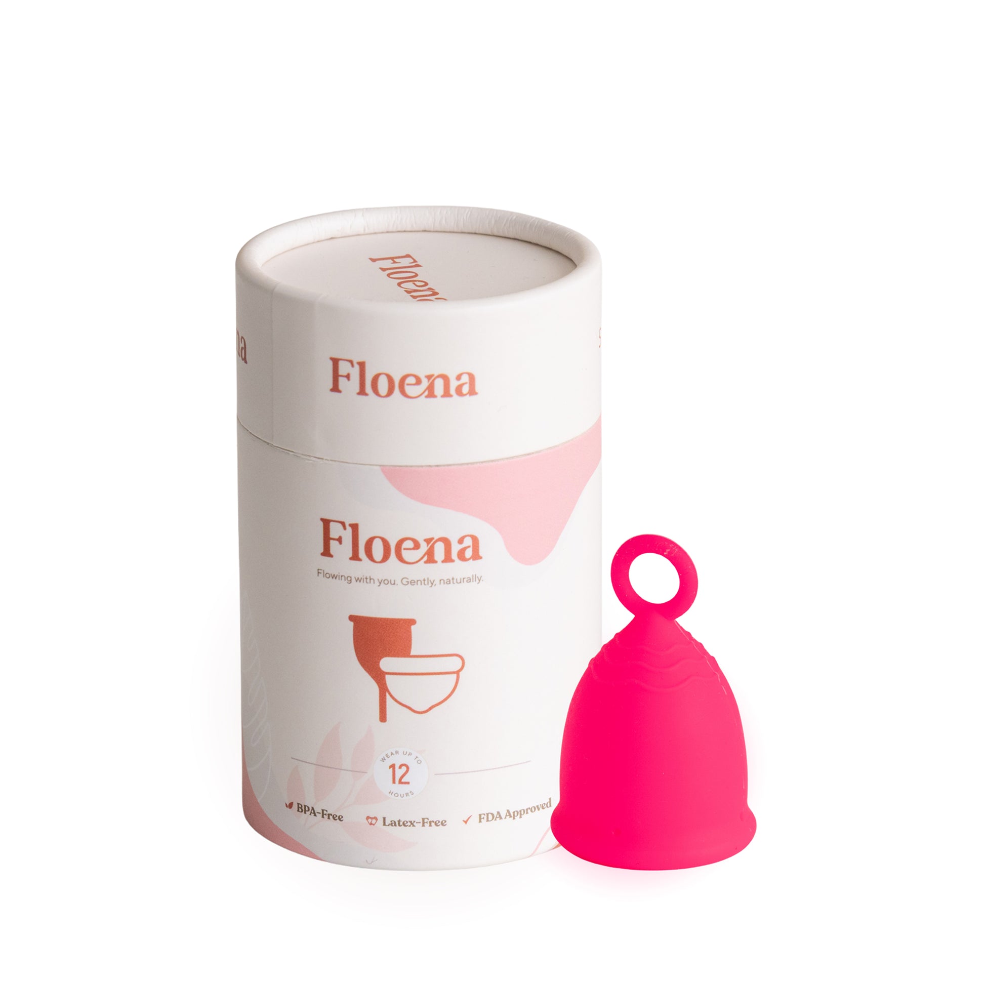 Floena Ring Cup — kräftig rosa weiche, flexible Menstruationstasse mit Ringgriff neben ihrer Verpackung, bis zu 12 Stunden auslaufsicherer Schutz