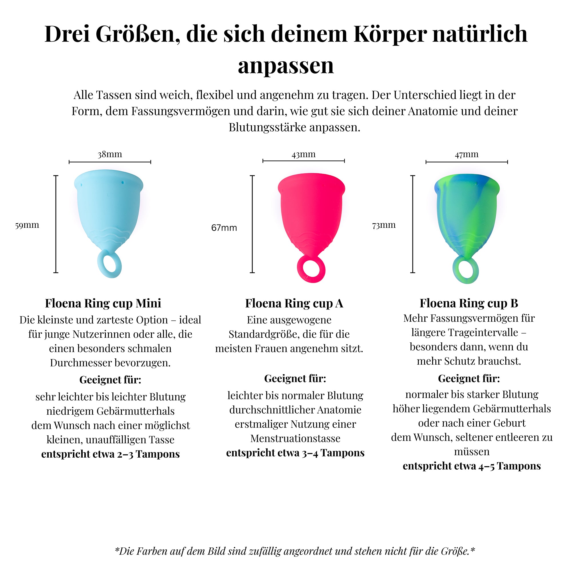 Vergleich der drei Floena Ring Cup Größen — Mini für leichten Fluss, A für normalen Fluss und B für stärkeren Fluss oder längeres Tragen, mit Maßen