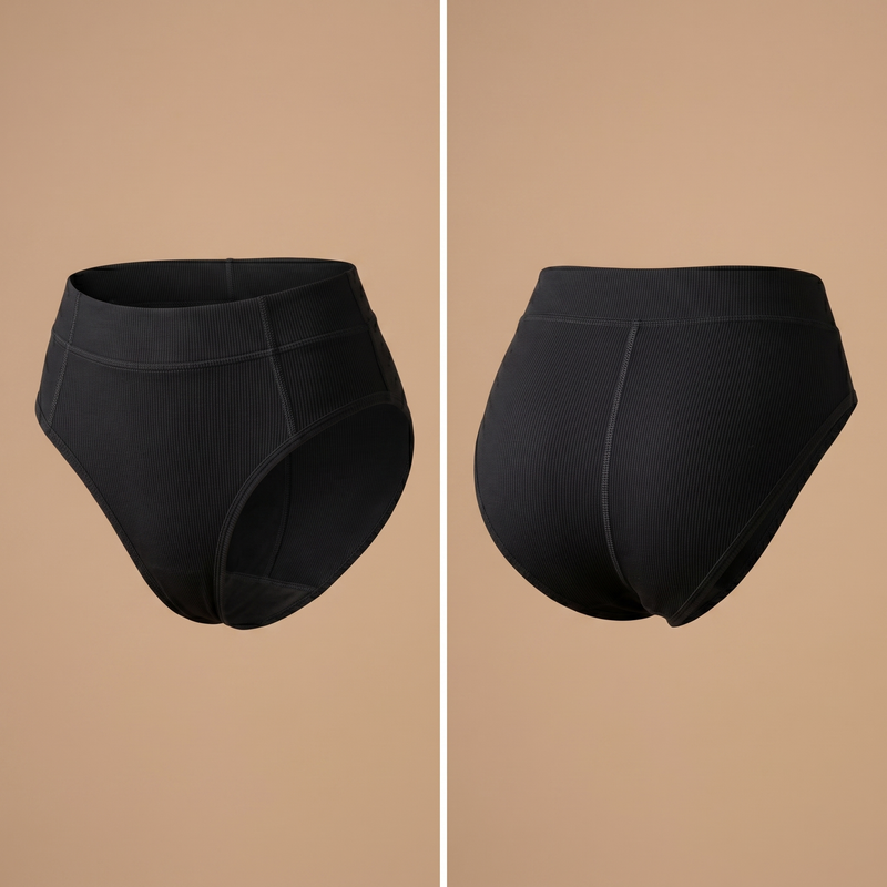Floena Leakproof Ribbed High Waist Brief — schwarze gerippte Periodenunterwäsche mit hohem Bund