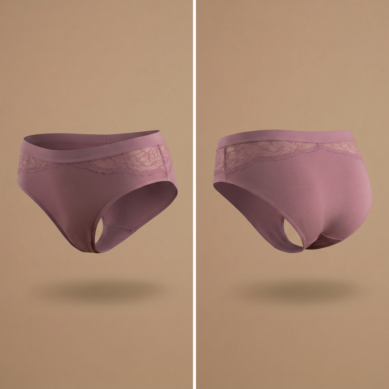 Floena Leakproof Bamboo Lace Brief — lila Spitzen-Periodenunterwäsche aus Bambus