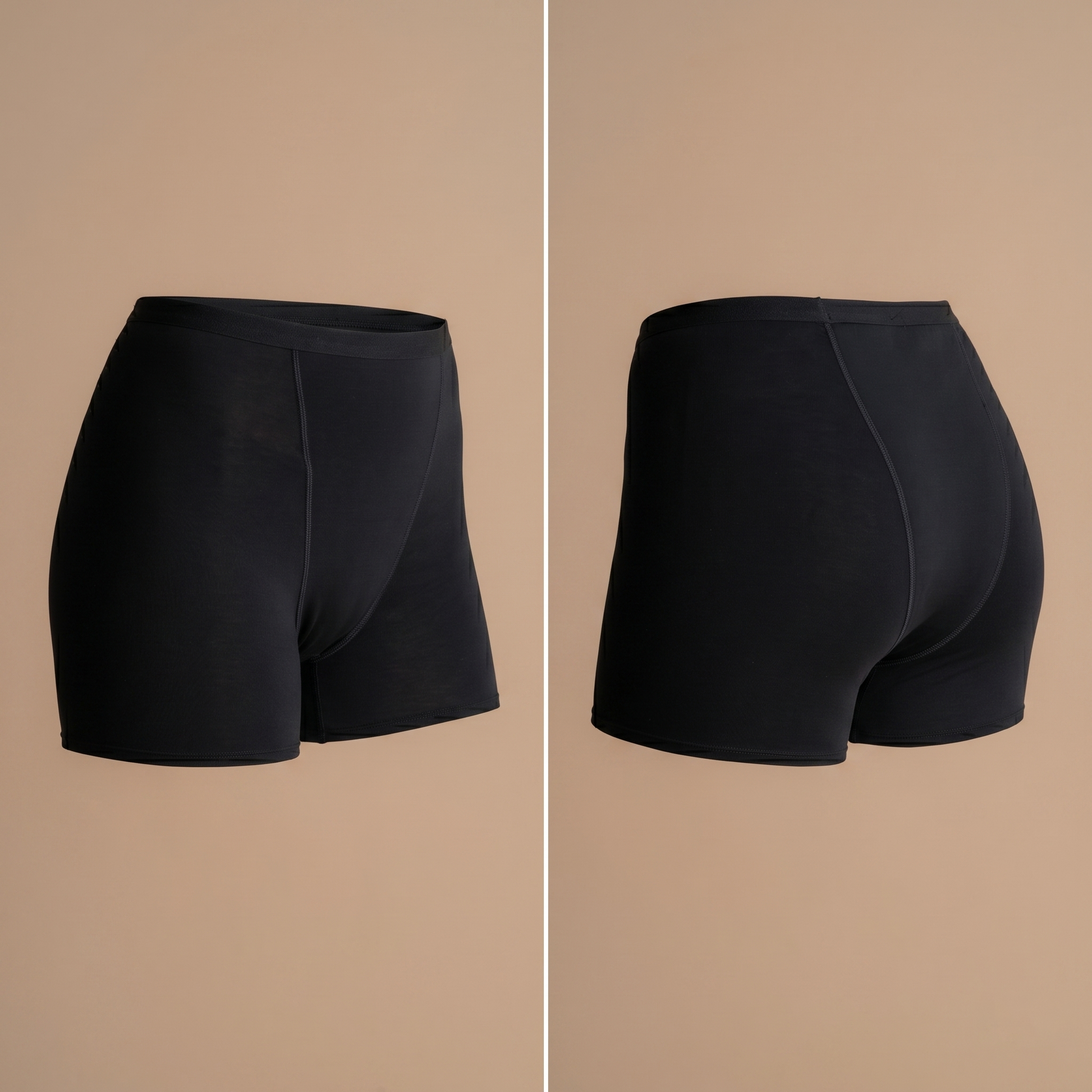 Floena Leakproof Bamboo Sleep Short — schwarze Perioden-Schlafshorts für die Nacht, Vorder- und Rückansicht