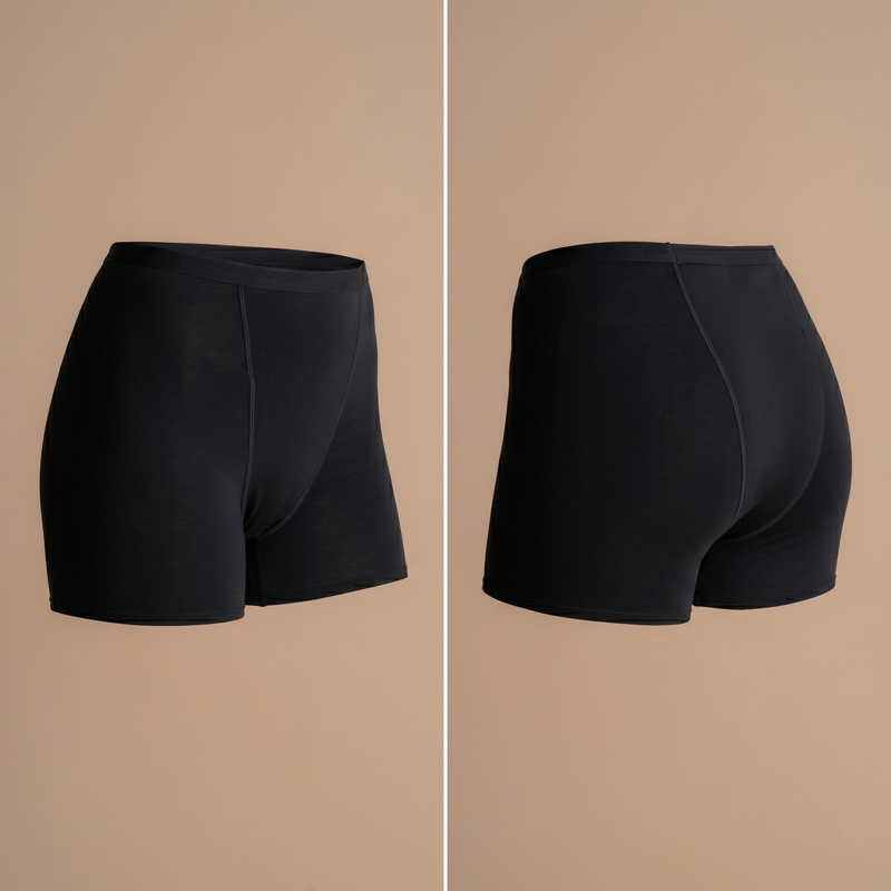 Floena Leakproof Bamboo Sleep Short — schwarze Perioden-Schlafshorts für die Nacht, Vorder- und Rückansicht