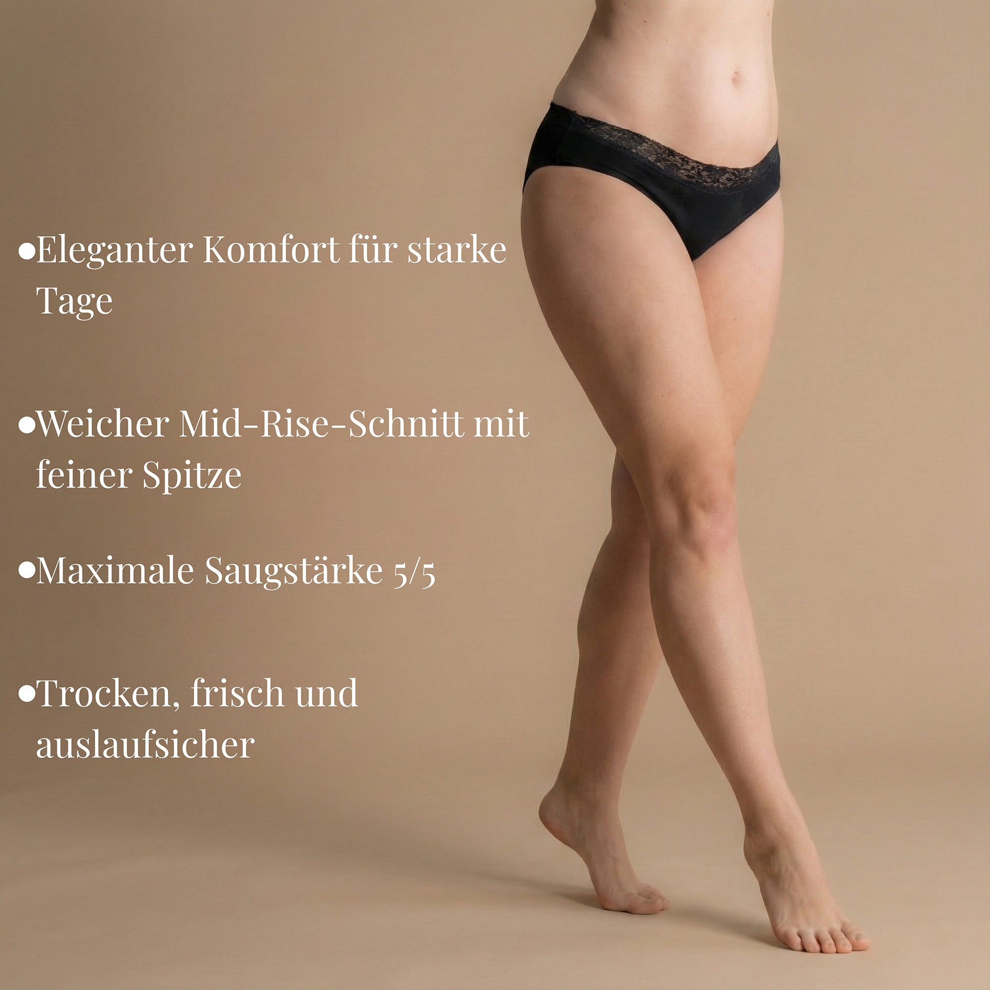 Floena Leakproof Comfort Brief — eleganter schwarzer Spitzen-Periodenslip für starke Tage, maximale Saugstärke 5/5, auslaufsicher