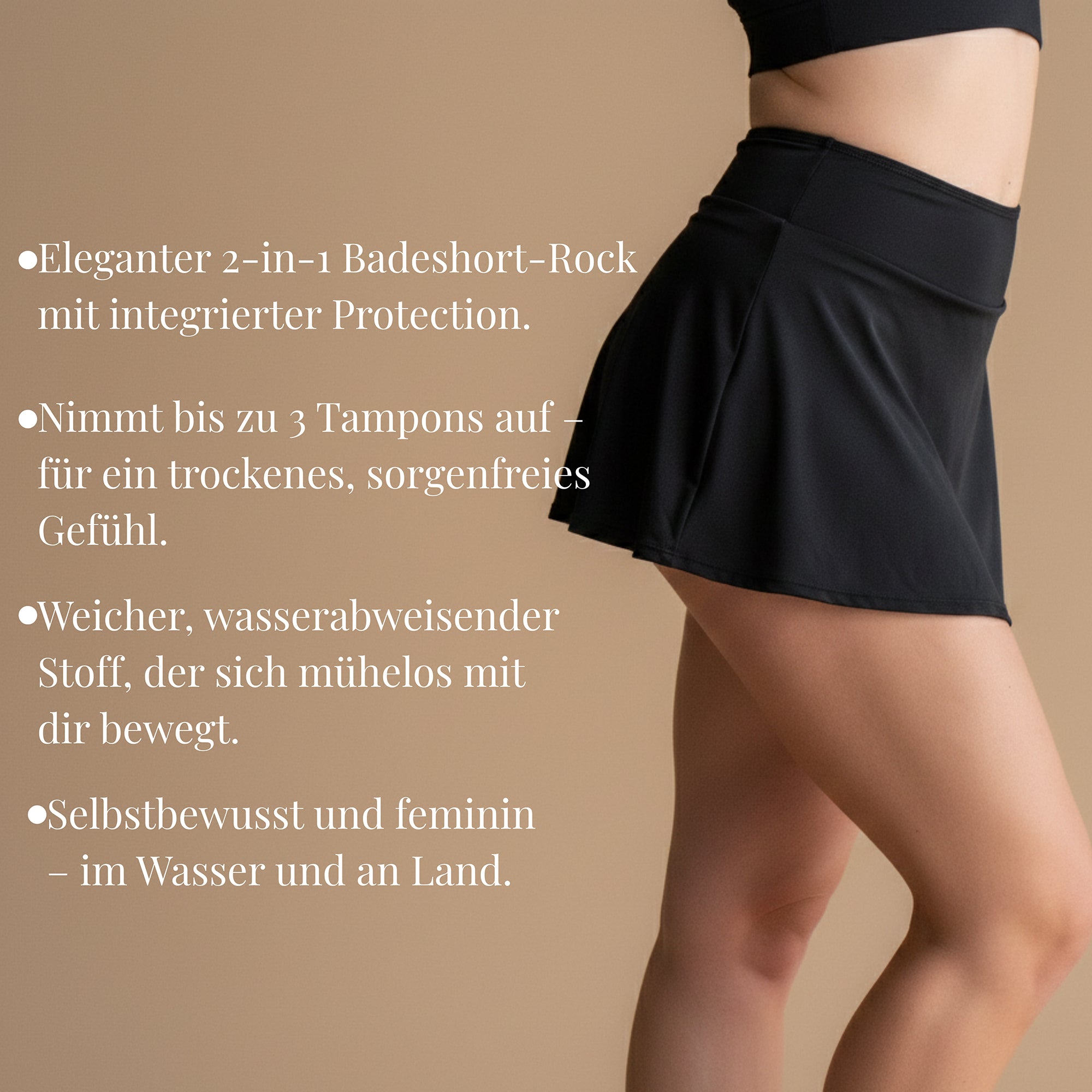 Schwarzer Floena Leakproof Period Swim Skirt, Perioden-Schwimmrock, mit Text zum 2-in-1-Design, wasserabweisendem Stoff und einer Saugkraft von bis zu 3 Tampons
