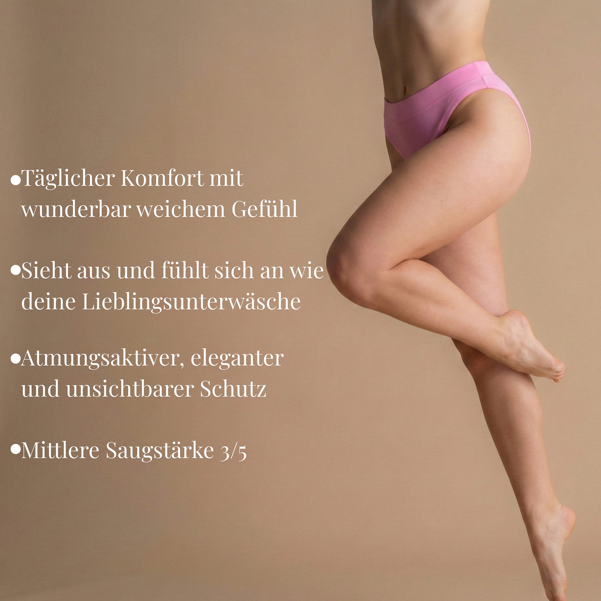 Model in der rosa Floena Leakproof Ribbed High Waist Brief, gerippte hoch geschnittene Periodenunterwäsche, mit Stichpunkten zu Tragekomfort, unsichtbarem Schutz und mittlerer Saugstärke 3/5
