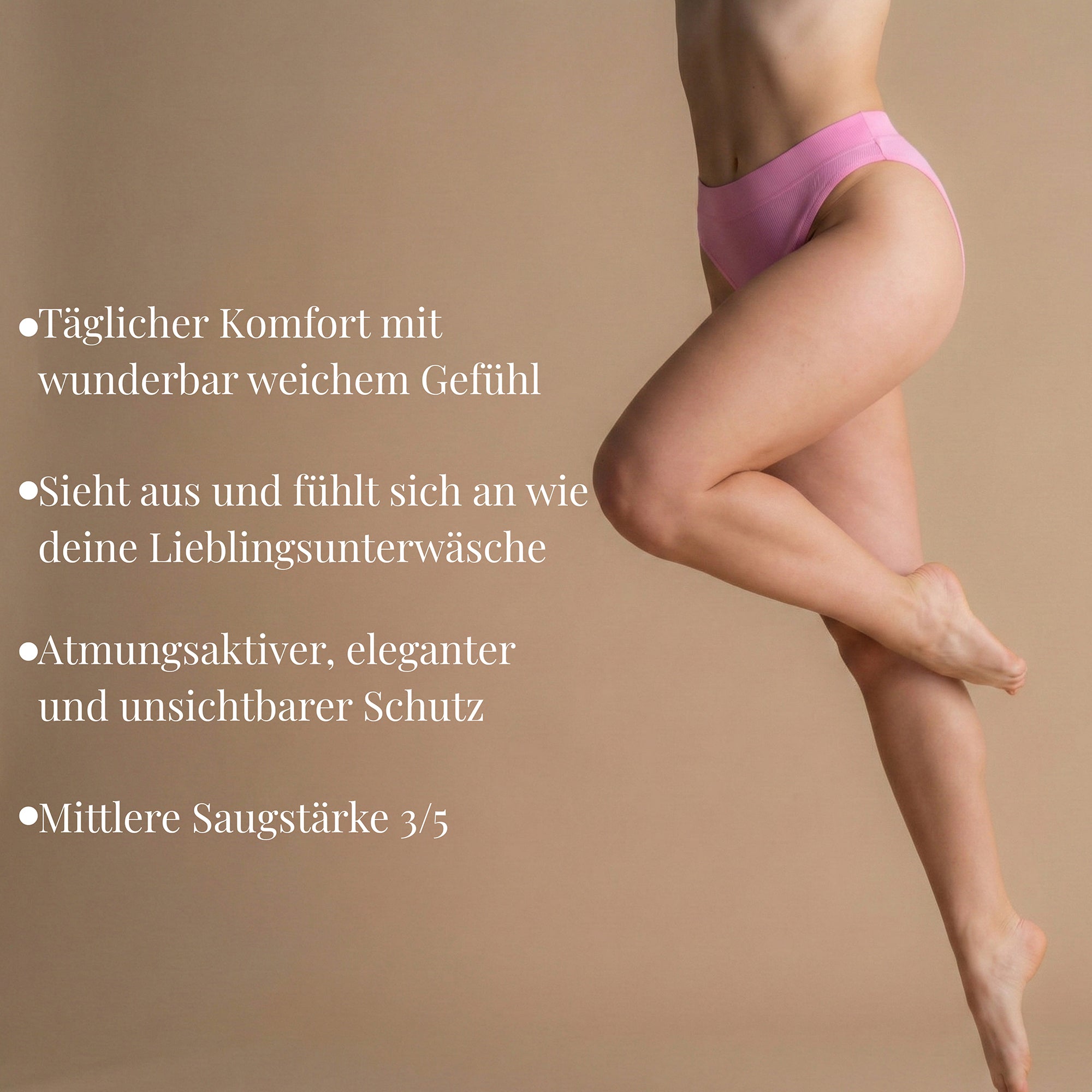 Model in der rosa Floena Leakproof Ribbed High Waist Brief, gerippte hoch geschnittene Periodenunterwäsche, mit Stichpunkten zu Tragekomfort, unsichtbarem Schutz und mittlerer Saugstärke 3/5