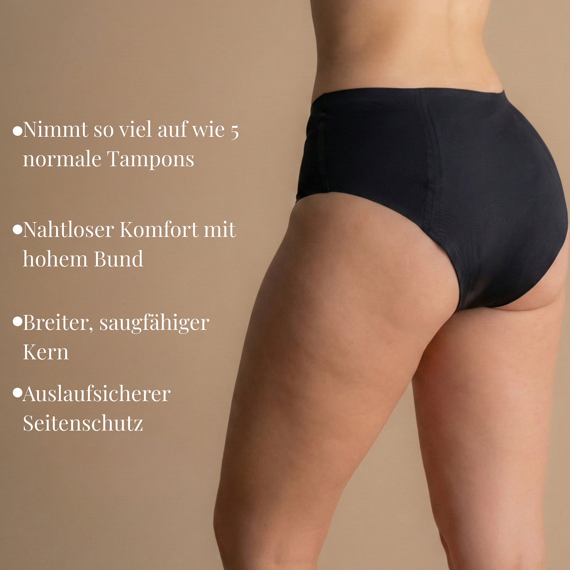 Rückansicht eines Models in der schwarzen Floena Leakproof Seamless High Waist Brief, nahtlose hoch geschnittene Periodenunterwäsche, mit breitem Saugkern, auslaufsicheren Seitenteilen und Text zu einer Saugkraft von bis zu 5 Tampons