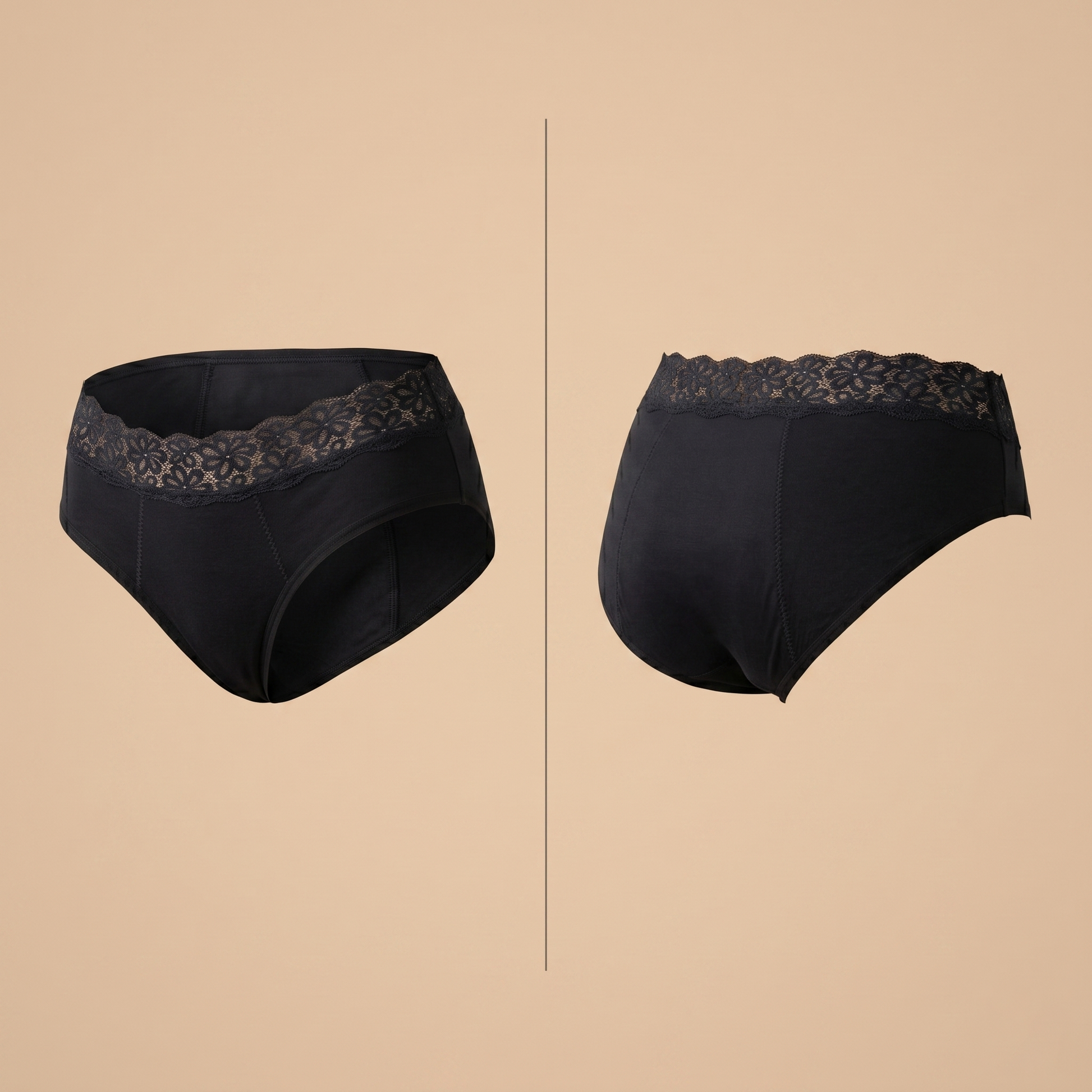 Floena Leakproof Soft Cotton Brief — schwarze Baumwoll-Periodenunterwäsche mit Spitzenbund