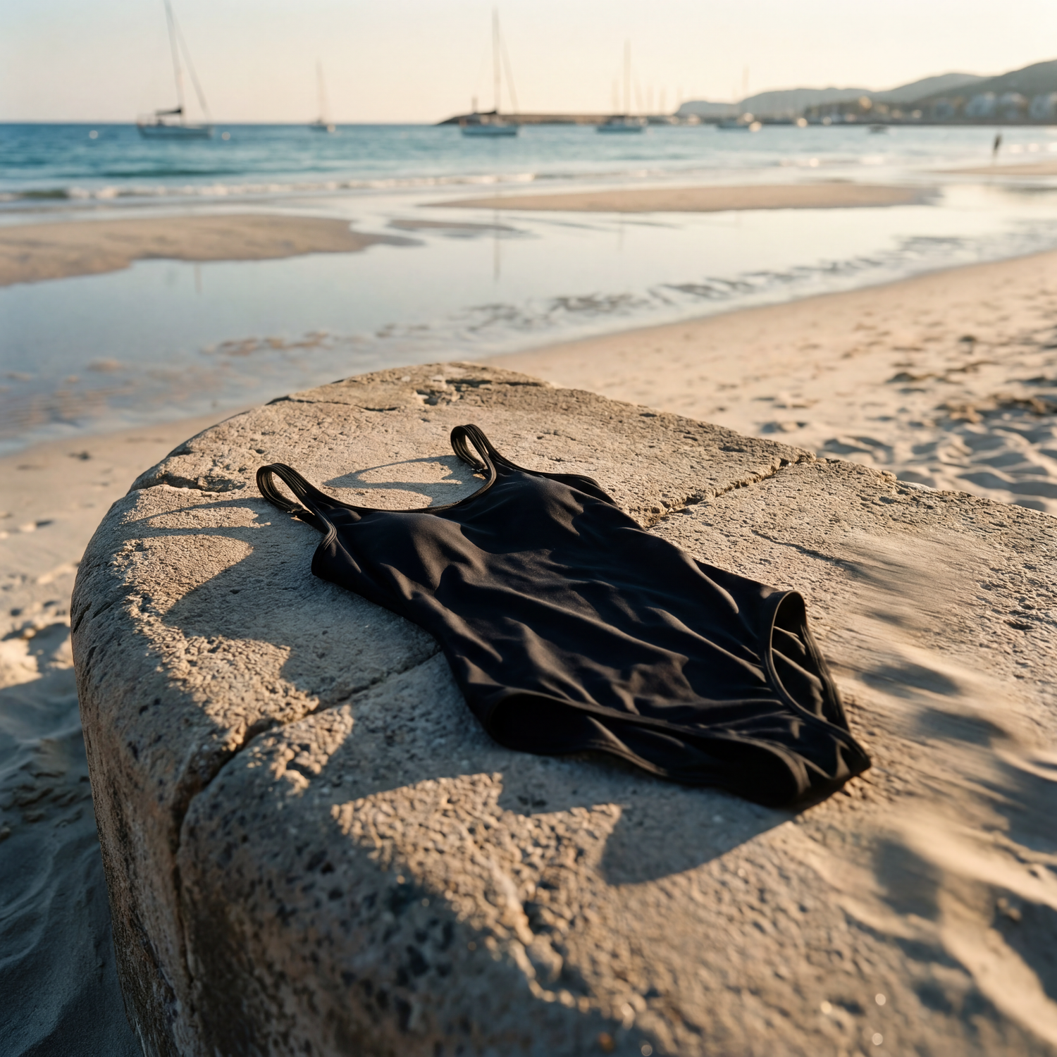 Black swimsuit on a concrete block at the beach with boats and water in the background